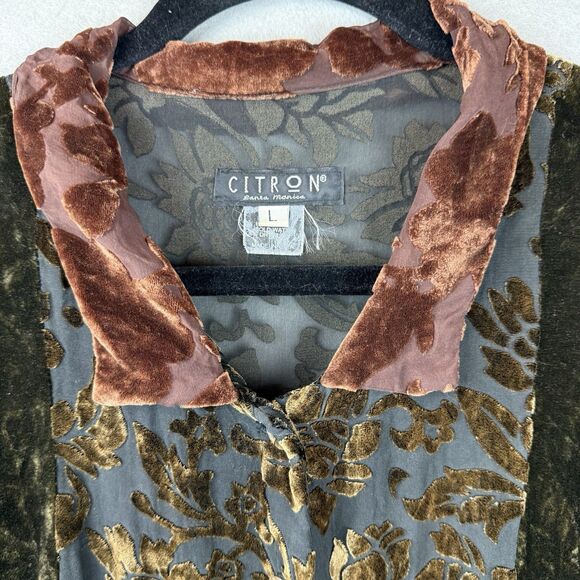 Citron Brown Multi Velvet Burnout Button Front Shirt Sz L Whimsygoth Art to Wear - Picture 2 of 5